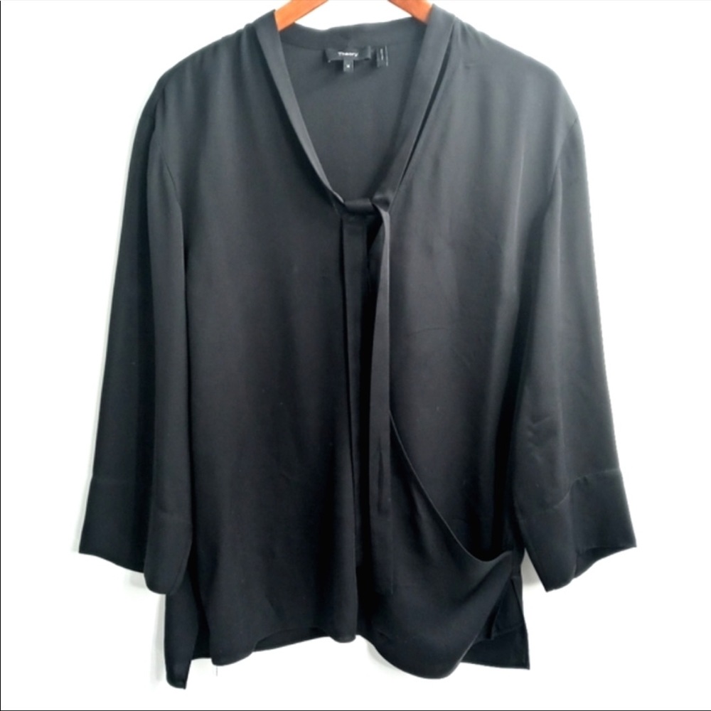 Theory 100% silk relaxed fit wrap top - black medium - tie neck